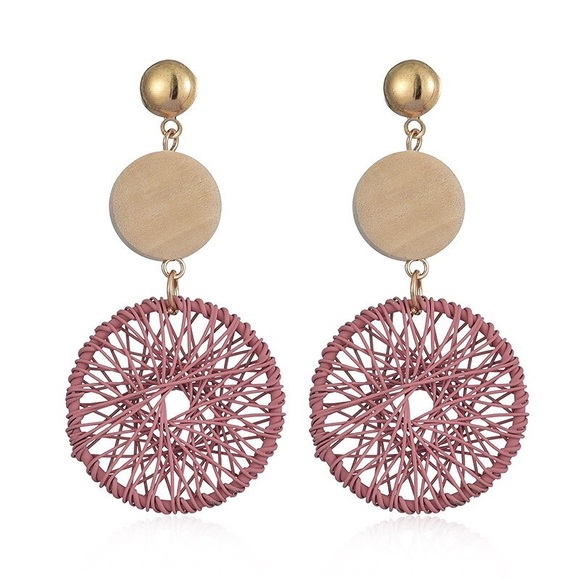 Jewelry - Boho Wood Woven Pink Dream Catcher Earrings